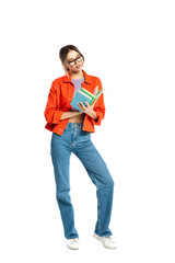 full length of young student in glasses reading book isolated on white