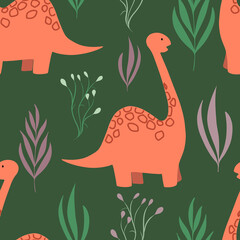 Hand drawn seamless pattern with cute dinosaur with long neck and plants