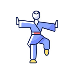 Kung Fu RGB color icon. Martial arts training. Karate class. Traditional fighting. Chinese athlete. Japanese fighter. Taekwondo pose. Asian national sport. Isolated vector illustration