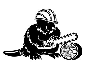 Beaver icon with chainsaw on white background. - obrazy, fototapety, plakaty