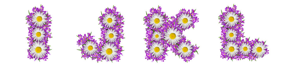 Fototapeta na wymiar Letters I, J, K, L made of lilac violets and chamomile