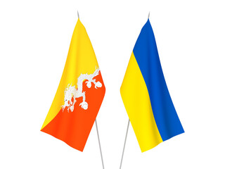 National fabric flags of Ukraine and Kingdom of Bhutan isolated on white background. 3d rendering illustration.