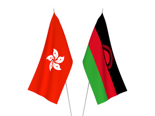 Obraz premium National fabric flags of Hong Kong and Malawi isolated on white background. 3d rendering illustration.