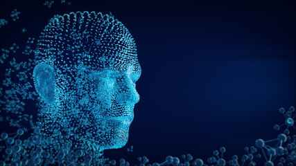 Human face formed by the fusion of atoms. 3D rendering.
