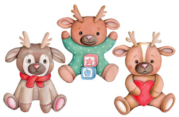 Cute cartoon little baby deers, fawns set. Watercolor hand drawn art sketch illustration for children. Suitable for print, card, invitation, wall art, nursery decor.