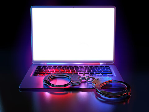 Metal handcuffs on laptop computer keyboard, blank screen template. Online piracy, fraud phishing, internet safety, web security, hacking, punishment for cyber crime, hacker criminal arrest 3D concept