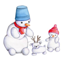 Snowmen maiking snow deer. Watercolor illustration for children.