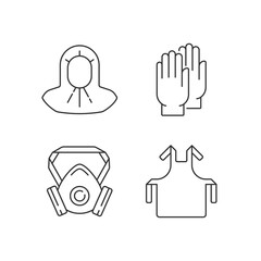 Protective medical equipment linear icons set. Disposable gloves. Doctor uniform. Quarantine safety. Customizable thin line contour symbols. Isolated vector outline illustrations. Editable stroke