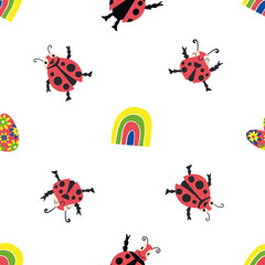 Cute kawaii ladybirds, rainbows, hearts seamless vector pattern background. Happy dancing ladybugs in childlike drawing style. Bright design with garden bugs, floral heart shapes. Repeat for children