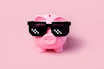 Pink piggy money bank with black sunglasses