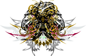 Splattered three-headed eagle symbol with arrows elements. Grunge three-heahed eagle with colored floral motifs and gray feather elements for prints, textiles, wallpaper, posters, tattoos, etc.