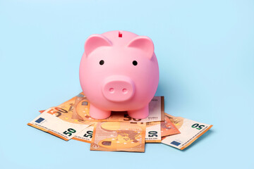 Pink piggy money bank with euro bills