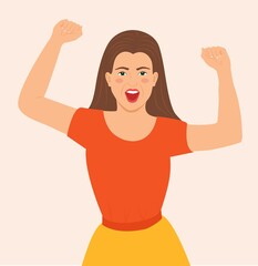 Cheerful Dancing Girl isolated on white. Joyful happy woman dancing with hands up. Excited Girl shouting emotional. Rejoice success, cheers with clenched fists celebrates victory. Vector Illustration