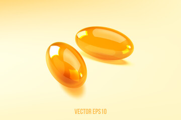 Two capsules Omega 3 isolated on light background. 3d Vector