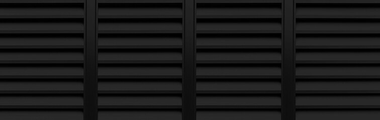 Panorama of black louvered aluminum wall pattern and background seamless