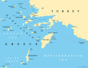 Dodecanese, political map. Group of Greek islands in the southeastern Aegean Sea and Eastern Mediterranean, off the coast of Turkey. Rhodes is the dominant island since antiquity. Illustration. Vector © Peter Hermes Furian