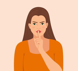 Beautiful young angry woman making Silence Gesture isolated over background. Cute Girl Put Finger On Lips Making Hush Signs. Showing the sign to be quiet flat design vector illustration Secret Concept