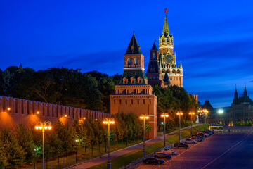 Spasskaya Tower and Red Square in Moscow, Russia. Architecture and landmarks of Moscow. Night cityscape of Moscow