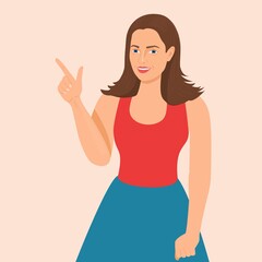 Beautiful young smiling woman shows something on right side with her index finger. Cartoon character girl showing copy space or something, isolated on white background, Vector illustration