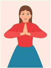 Happy beautiful young woman with welcome gesture of hands. Namaste mudra. Smiling girl making in a Namaste gesture bowing and hands pressed together, palms touching, isolated flat Vector illustration