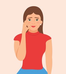 Beautiful woman showing sign of Deaf Dumb Language with gesture. Facial expression with hand gesture. Girl Shows Sign of close your mouth, She tells silence please, isolated Vector illustration