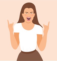 Young joyful woman showing rock roll hand gesture, Rocker Girl makes horns with fingers. Facial expression with rock n' roll hand sign gesture, Female Rock Star isolated, flat Vector illustration