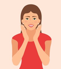 Surprised Excited Woman holds cheeks by hand isolated on background. Surprised pretty girl or woman opens hands under her cheeks, Vector illustration. Cartoon character smiling girl's hands on cheek