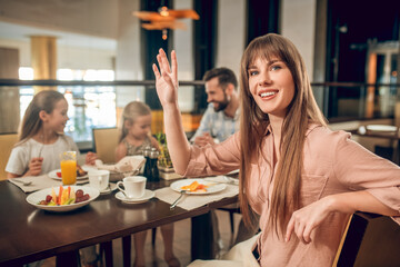 Cute family spending time together at breakfast