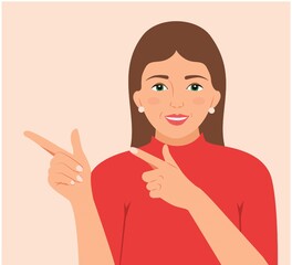 Beautiful young woman showing copy space or something, with her the index fingers, isolated over white background. Cartoon character smiling girl shows right side with finger, Vector illustration