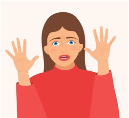 Portrait of scared, panicked woman with horror face and two hand gestures, isolated on background. Cartoon character girl frightening, terrified, panic, shocked facial expression vector illustration