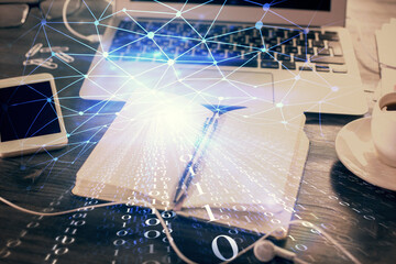 Multi exposure of data theme drawings and desk with open notebook background. Concept of education