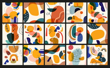 Decorative abstract collection of templates with abstract shapes and colourful doodles. Hand-drawn modern shapes