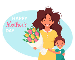 Mother's day greeting card. Woman with bouquet of flowers and son. Vector illustration