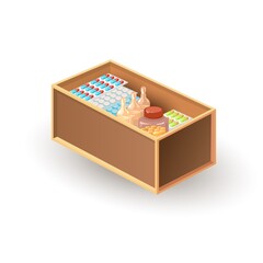Cartoon first aid kit and medical help, blister with tablets. Vector healthcare, treatment, pharmacy, medicine. Wooden box for therapy and fast recovery. Health idea isolated on white