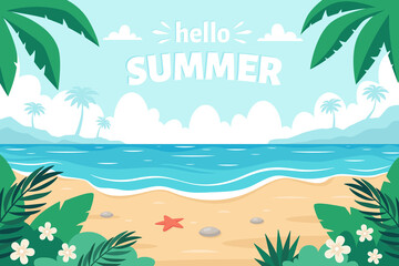 Sea sand beach. Hello summer. Seashore with sea star, palms, sea pebbles and tropical plants. Vector illustration - obrazy, fototapety, plakaty
