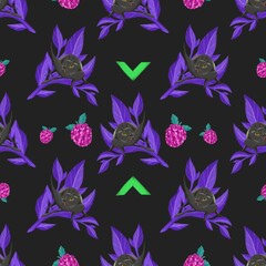 Obraz premium pattern with black cats on a dark background that lick wool