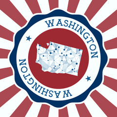 Washington Badge. Round logo of us state with triangular mesh map and radial rays. EPS10 Vector.