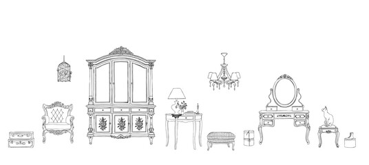 Set of furniture and decorative elements for interiors in Provence style.Hand-drawn vector illustration.