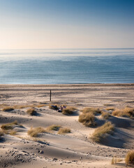 Fototapeta na wymiar dunes and almost deserted beach on dutch coast near renesse in zeeland under blue sky