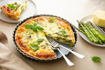 Asparagus tart, vegan quiche homemade pastry, healthy food.