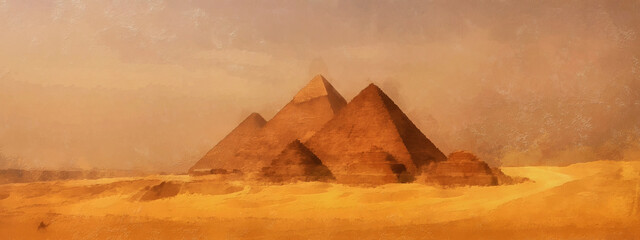 Pyramids of Giza in the sandy desert. Wide panoramic view. Artistic work on the theme of ancient architecture © Black Morion
