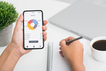 Unrecognizable woman counting spandings, using mobile app