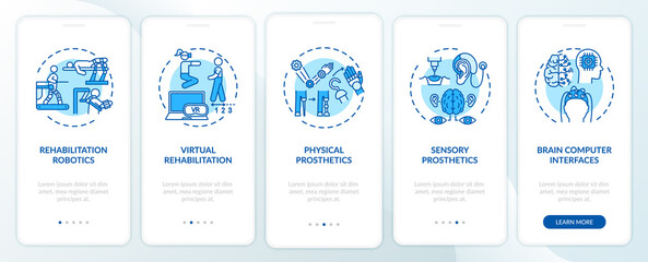 Rehabilitation robotics onboarding mobile app page screen with concepts. Sensory prosthesis walkthrough 5 steps graphic instructions. UI, UX, GUI vector template with linear color illustrations
