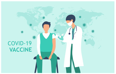 Doctor  giving vaccine Covid-19 to a patient's shoulder. Vaccination and prevention against covid-19 coronavirus disease pandemic vector illustration