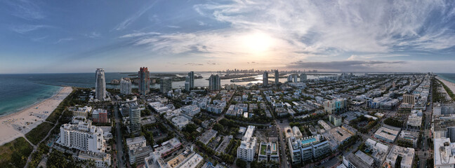 Aerial panorama sunset in Miami Beach FL view of the bay