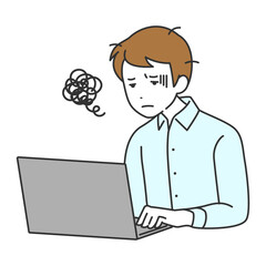 パソコンで仕事をするビジネスマン　悩む　イラスト素材