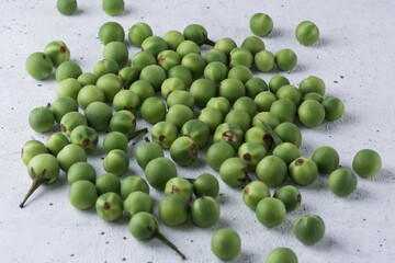 turkey berry, also called wild eggplant or pea eggplant, round vegetable on a textured white background