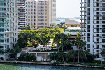 Fototapeta na wymiar View between buildings Miami Brickell Key scene