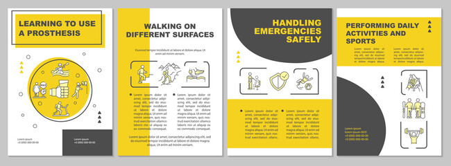 Learning to use a prosthesis brochure template. Walking on surfaces. Flyer, booklet, leaflet print, cover design with linear icons. Vector layouts for presentation, annual reports, advertisement pages