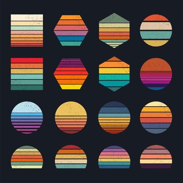 Retro sunset collection for banner or print. 80s style retrowave striped shapes with different forms and colors. Grunge effect